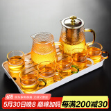 瓷牌茗茶具（cipaiming teaset） 透明玻璃茶具整套套装家用功夫茶壶茶杯会客泡茶器 金盖雅致六彩杯8件套+小长方盘