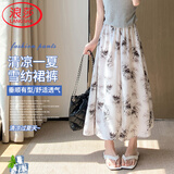 浪莎新中式雪纺裙裤女夏季薄款2025新款高腰水墨画国风阔腿裤子