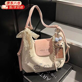 铂呐苓包包女款单双肩托特包手提包2025年中学生生日礼物帆布水桶小众 粉白单双肩包【蕾丝+玩偶+彩条】