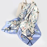 达芬奇密码丝巾仿真丝围巾女春夏款防晒披肩送妈妈礼物礼盒装生日礼物 花鸟彩绘 水蓝