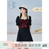 紫涵（ZIHAN）紫涵学院风连衣裙女夏季甜美撞色翻领收腰小个子A字短裙 黑藏青 XS