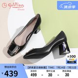 金利来（goldlion）女士方头粗高跟简约金属扣饰浅口工作单鞋68291009601P-黑色-40码
