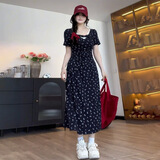 沐霓 大码胖mm法式甜美碎花连衣裙女夏季蕾丝高级感收腰显瘦a字长裙 藏蓝色长裙 L【建议100-120斤】