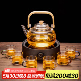 瓷牌茗茶具（cipaiming teaset） 电陶炉煮茶器煮茶壶茶炉家用小型电茶炉加厚耐热玻璃茶壶 竹柄煮茶壶+简约黑电陶炉6彩把杯