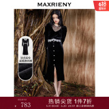 MAXRIENY丝绒连衣裙法式秋冬设计感蕾丝裙泡泡袖赫本风长裙裙子 黑色 L 03