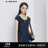 S.DEER圣迪奥女装夏素雅简约镂空绣花斜摆短袖内搭白色T恤S192A0197 炭黑蓝/94 L/170
