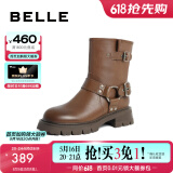 百丽（Belle）周雨彤同款机车靴女商场同款休闲短靴A2A1DDZ3 棕色-单里 34 (220mm)