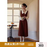 独束大码女装假两件撞色衬衫领连衣裙女秋冬微胖mm文艺复古穿搭裙子 勃艮第红【适合165左右】 XL