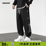 viishow新款休闲潮牌长裤腰果花拼接潮流侧边排扣印花嘻哈校园休闲束脚裤 黑色 4XL