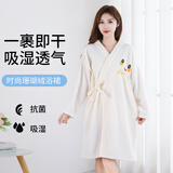 恩久美浴巾女可穿可裹式绑带浴袍春夏非全棉睡袍四季吸水速干衣长袖浴袍 米白色【长袖款】