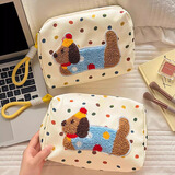 京芙家波点腊肠小狗化妆包手拿收纳包大容量旅行出差便携整理袋洗漱包 波点大号化妆包+黄绳子 1个