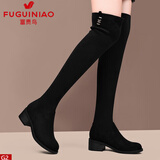 富贵鸟过膝长靴女冬新款女靴时尚高筒靴低跟女鞋内增高女靴子休闲长筒靴 黑色FN0214/1223 37