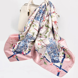 达芬奇密码丝巾仿真丝围巾女春夏款防晒披肩送妈妈礼物礼盒装生日礼物 花鸟彩绘 粉色