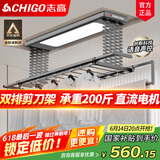 志高电动晾衣架阳台升降遥控自动晾衣机家用智能伸缩杆双排剪刀架 黑色+照明横杆语音