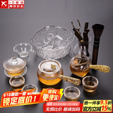 正扬玻璃功夫茶具套装家用锤纹花梨木双侧把泡茶壶耐热茶杯办公整套小 15头 锤侧金+8高碗+盖茶道洗