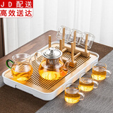 玻璃茶具套装家用功夫茶杯茶壶茶盘小套日式简约耐热透明过滤泡茶壶 400壶+绿台大（透明/把杯）杯架+长方（琴韵）白
