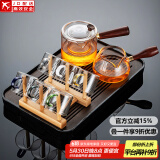 透明玻璃茶具套装家用日式现代简约带内胆过滤泡茶壶茶盘托盘茶杯 直觉壶+6色把+杯架+长方胡桃琴韵密胺黑