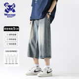 Wassup Sohot牛仔七分裤男夏季潮流短裤阔腿水洗牛仔裤男 复古蓝 XL