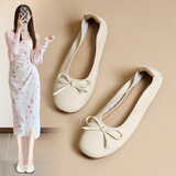 ZHR单鞋女蝴蝶结软平底豆豆女鞋气质浅口奶油蛋卷鞋子女 BK105米色35