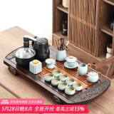 唐丰 整套功夫茶具套装家用茶盘一体茶台茶海茶杯盖碗电热磁炉四合一 双龙圆角茶盘+天青宋辞 14头