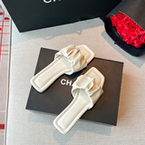 乐卡利凉拖鞋女夏季外穿2025新款方头褶皱平底鞋法式海边沙滩一字凉拖鞋 米白色 37