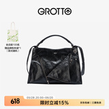 GROTTO个乐翻领包真皮大容量通勤小众机车风手提单肩斜挎包礼物 经典黑(牛皮) S