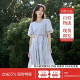 茵曼（INMAN）夏季法式收腰提花肌理女装方领连衣裙文艺风泡泡袖裙子 蓝色 M