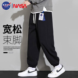 NASA GISS休闲裤男宽松直筒阔腿裤潮流长裤子 黑色束脚常规 (175/80A)L
