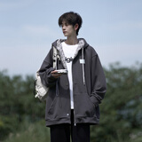 NYING美式撞色连帽开衫外套男春秋季新款潮牌格子重磅大码宽松卫衣上衣 灰色 XL (125-140斤）