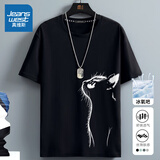 真维斯（Jeanswest）冰丝中袖男2025夏季简约印花宽松冰感速干短袖T恤男士大码上衣服 黑色（大仰望猫左下标） 2XL (185) (体重155-180斤)