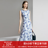 颜域水墨印花连衣裙女装2024新款夏装收腰显瘦裙子蓝色圆领背心裙 蓝花 XL/42