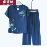 俞兆林（YUZHAOLIN）中老年女装夏季套装妈妈装短袖T恤裤子两件套装老人奶奶衣服 牛仔蓝 2XL 建议105-120