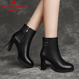 富贵鸟头层牛皮女靴秋冬新款高跟鞋粗跟短靴女优雅职业皮鞋气质时装靴 黑色(单里) 37