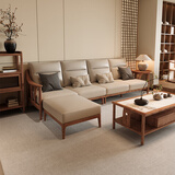 韵存家居 宋式美学真皮沙发 新中式北欧白蜡木全实木沙发客厅家具 脚踏【68cm*68cm】 【北美白蜡木+意大利头层真皮】