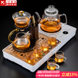 功夫玻璃茶具套装家用一体电陶炉煮茶器茶盘整套茶台三合一养生花茶壶烧水壶加厚耐热泡茶壶 悦(一体炉盘/白)进水壶+自动(楼阁)+六色把