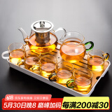 瓷牌茗茶具（cipaiming teaset） 透明玻璃茶具整套套装家用功夫茶壶茶杯会客泡茶器 透明八骏6彩杯+绿柄公杯+小长方