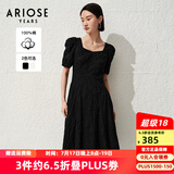 艾诺丝雅诗【商场同款】夏季新品通勤全棉提花方领泡泡袖连衣裙30529018 黑色 L
