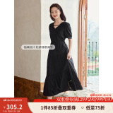 茵曼（INMAN）法式薄荷曼波连衣裙2024夏女装新品V领灯笼袖抽绳 午夜黑 S
