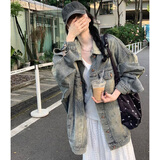 心楠高街美式复古水洗做旧牛仔外套女春秋宽松oversize中长款夹克上衣 M码【建议105-115斤】