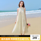 乐町山茶少女连衣裙24年夏季新款肌理感挂脖长裙度假风飘带连衣裙 米黄（现货） M