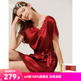 金三塔真丝睡裙100%桑蚕丝优雅凉感V领短袖睡裙居家服礼物 [鸿运]焦糖红 XL