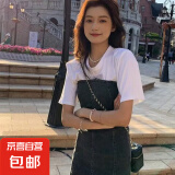 减龄气质假两件牛仔连衣裙女夏季薄款大码收腹显瘦遮肚包臀短裙子 灰色 S