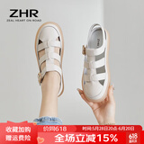 ZHR凉鞋女夏季新品平底编织包头复古罗马鞋真牛皮果冻底运动沙滩拖鞋 米色（搭扣款） 36