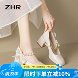 ZHR单鞋女优雅粗高跟玛丽珍鞋子女蝴蝶结链带女鞋 BL170 米白 36 