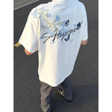 迪伽达蓝色花卉蝴蝶刺绣潮流短袖T恤男士夏季新款潮牌美式复古情侣半袖 XXJR-1042白色 M