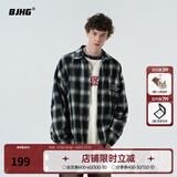 BJHG不计后果秋季刺绣撞色复古格子衬衫男潮牌新款港风宽松衬衣外套女 白蓝格纹 L