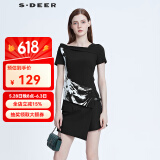 S.DEER圣迪奥女装夏季时尚百搭潮流不规则水墨针织T恤S20280146 黑色/91 S 160