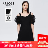 艾诺丝雅诗【商场同款】夏新珍珠网纱泡泡袖短袖小清新小黑裙连衣裙10429006 黑色 M