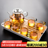 瓷牌茗茶具（cipaiming teaset） 透明玻璃茶具整套套装家用功夫茶壶茶杯会客泡茶器 透明八骏壶6彩杯+小长方盘