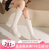 达芙妮厚底V口长筒靴女2024秋冬新款女靴高筒靴显瘦百搭增高骑士靴子女 米白色 35